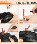 Step-by-step tire repair using plug tool on 145/70-6 Mini Bike Tire With 6 Inch Rear Rim Assembly Kit, showing 4 stages.