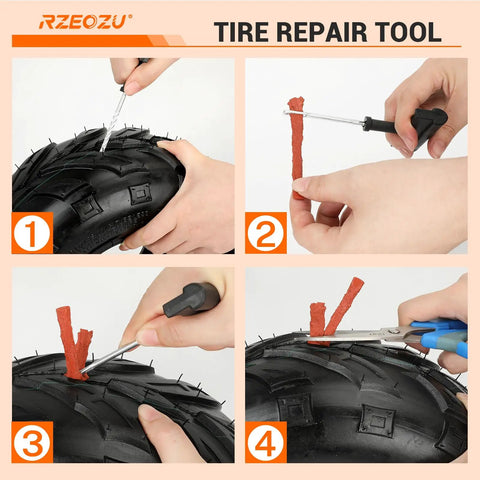 Step-by-step tire repair using plug tool on 145/70-6 Mini Bike Tire With 6 Inch Rear Rim Assembly Kit, showing 4 stages.
