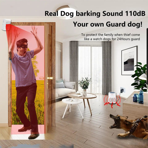 Dog Barking Alarm Motion Activated Detector Outdoor PIR Sensor Kit With 3 Detectors And 1 Receiver Realistic Bark Sounds Beefed Up Loud Adjustable Volume Home Security System For Yard Porch installed by a doorway and living room