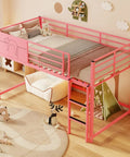 Twin Size Guardrail Bed Frame With Under Bed Storage And Decorative Options For Kid Rooms Sturdy Metal Frame Easy Assembly Safe Sleep Space For Playtime And Nighttime depicted in a playful pink setting