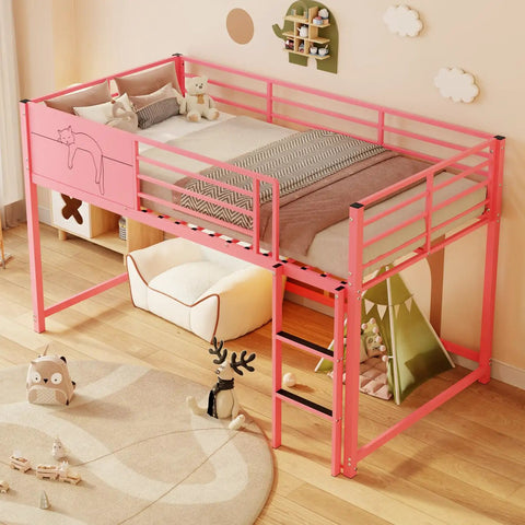 Twin Size Guardrail Bed Frame With Under Bed Storage And Decorative Options For Kid Rooms Sturdy Metal Frame Easy Assembly Safe Sleep Space For Playtime And Nighttime depicted in a playful pink setting