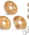 Three Piece Tungsten Carbide Wood Carving Disc Set For Your Angle Grinders With Polishing Pad Fits Four And A Half To Five Inch Grinders Seven Eighth Inch Arbor Includes Vibration Dampening Gaskets For Smooth Cutting Sanding And Shaping, three gold carving discs