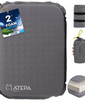 Go-To Self-Inflating Seat Cushion For Travel And Outdoors, Lightweight Grey foam pad with carrying bag and details