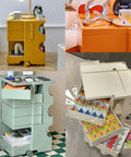 Ultra Slim Two Tier Rolling Utility Cart Smooth Glide Swivel Wheels Compact Abs Shelving Unit with colorful drawers in various spaces.