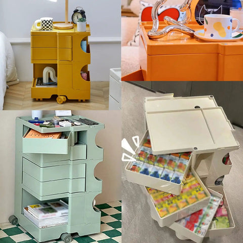 Ultra Slim Two Tier Rolling Utility Cart Smooth Glide Swivel Wheels Compact Abs Shelving Unit with colorful drawers in various spaces.