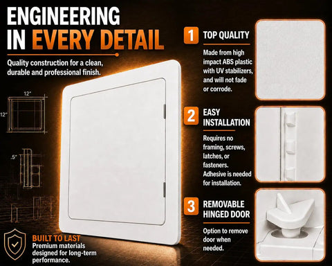 12x12 Inch Access Panel With Door For Drywall And Ceiling, Heavy Duty ABS Plastic Construction, Easy Install Wall Access Box, Wall Hole Cover Plate For Plumbing Electrical Wiring And Plywood, White, front view