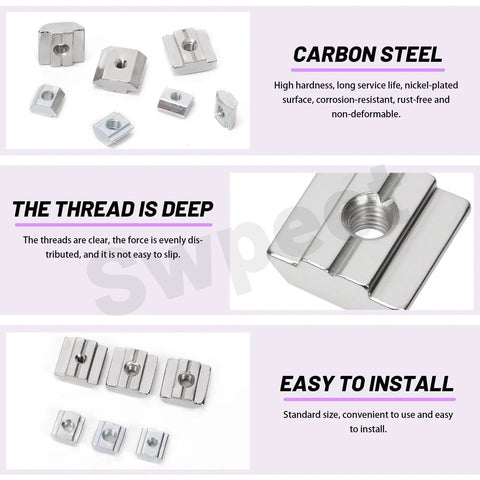 Diagram of Three Size Nickel Plated Carbon Steel T Sliding Nuts Kit 105 Piece Assortment M3 M4 M5 For 2020 Aluminum Profiles, highlights features.