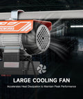 CREWORKS electric hoist mounted to a ceiling beam with orange housing and a large cooling fan
