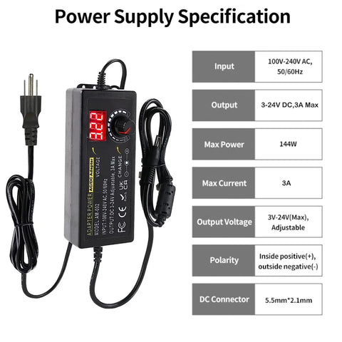 Adjustable Universal Power Supply 3V To 24V 3A 72W AC DC Switching Adapter With 5.5x2.1mm Plug 14 Tips 100V To 240V Input