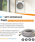 15ft Braided Stainless Steel Washing Machine Hose Set with 3/4 Inch NPT fittings displayed next to a washer, showcasing heavy duty hoses.