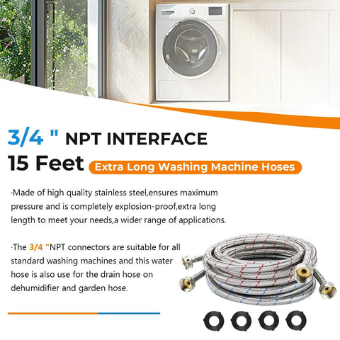 15ft Braided Stainless Steel Washing Machine Hose Set with 3/4 Inch NPT fittings displayed next to a washer, showcasing heavy duty hoses.