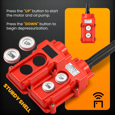 Remote control for Beefy Electric Hydraulic Pump Power Pack 70 MPa Two Stage System 110V with buttons for up and down operation.