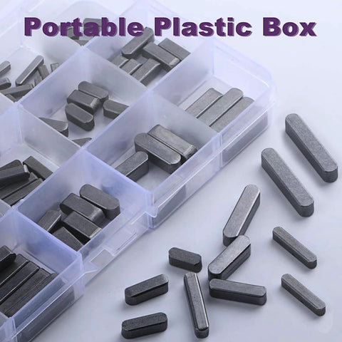 Round Ended Feather Key Set, 140 Pcs Parallel Drive Shaft Keys, Key Stock Assortment for Shaft Keyways, 3Mm 4Mm 5Mm 6Mm, High Carbon Steel, Durable, Corrosion Resistant, A Must Have for Mechanical Projects and Fasteners MUZHUPGUZ, stored in a clear plastic box