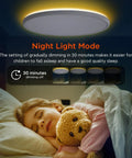 Remote Control Flush Mount LED Ceiling Light 18 Inch Round Fixture in night mode above sleeping child with teddy bear.