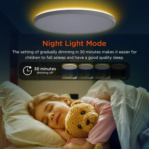 Remote Control Flush Mount LED Ceiling Light 18 Inch Round Fixture in night mode above sleeping child with teddy bear.