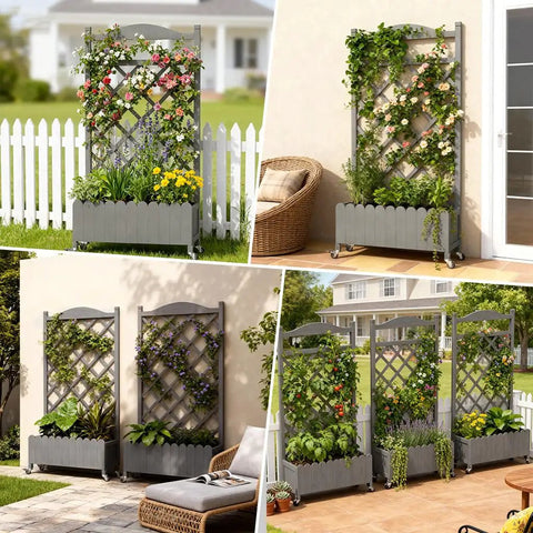 Two Pack Planter Box With Trellis And Wheels, 48 Inch Elevated Raised Garden Bed With Drainage Holes, Outdoor Lattice, Gray