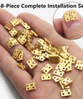 Gold 180 Degree Mini Brass Hinges Set For Dollhouse Furniture And Jewelry Boxes With 48 Hinges And 192 Screws 10x8mm shown on hand