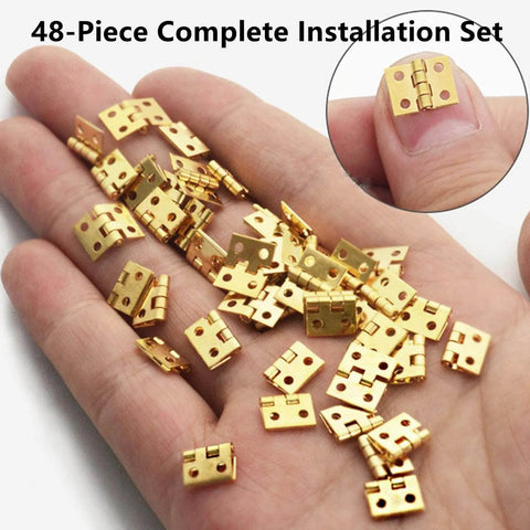 Gold 180 Degree Mini Brass Hinges Set For Dollhouse Furniture And Jewelry Boxes With 48 Hinges And 192 Screws 10x8mm shown on hand