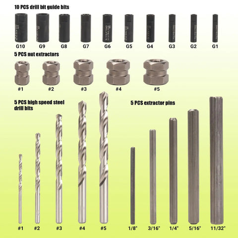 Broken Bolt Extractor Set 25 Piece Kit For Stripped Damaged Rusted Rounded Off Bolts With Easy Out Drill Guides And Extraction Tools