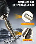 Built Different High Speed Steel Unibit Step Drill Bit Set Boasts Advanced Titanium Coating near laser-engraved numbers on the shank.