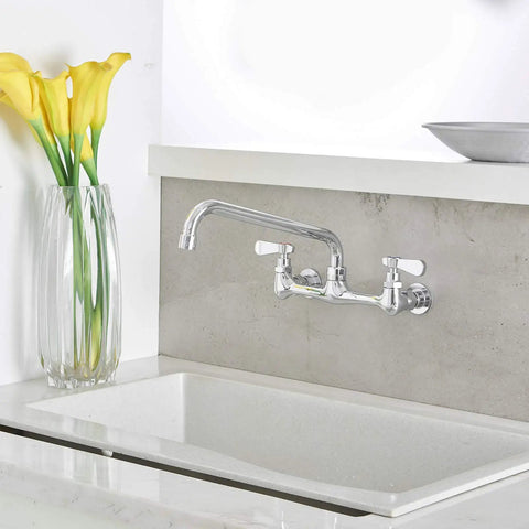Wall Mount Kitchen Faucet With 12 Inch Gooseneck Swivel Spout 8-Inch Center Two-Handle Commercial Sink Mixer in polished chrome