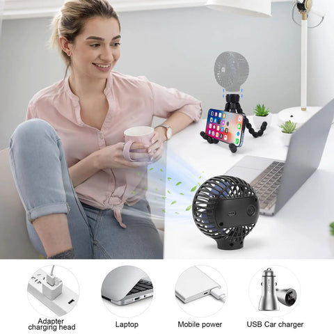Clip On Stroller Fan USB Rechargeable Mini Personal with phone holder on desk for travel and outdoor use