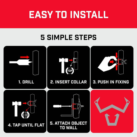 Visual guide for Boss Level Heavy Duty Drywall Anchors And Universal Plasterboard Fixings installation steps.