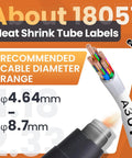 Heavy Duty 3/4 Inch Heat Shrink Label Tubes 18057 showing recommended cable diameter range of 4.64mm to 8.7mm.