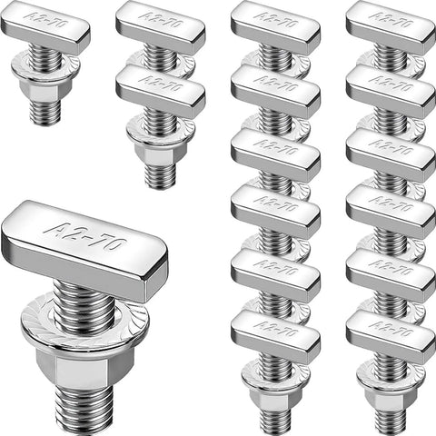 Rock Solid Hammer Head T Bolts For Solar Rail Tracks And Aluminum Profiles With Flange Nuts Rustproof Stainless Steel Fastener Kit For Roofing Projects M8 X 25, twelve bolts displayed.