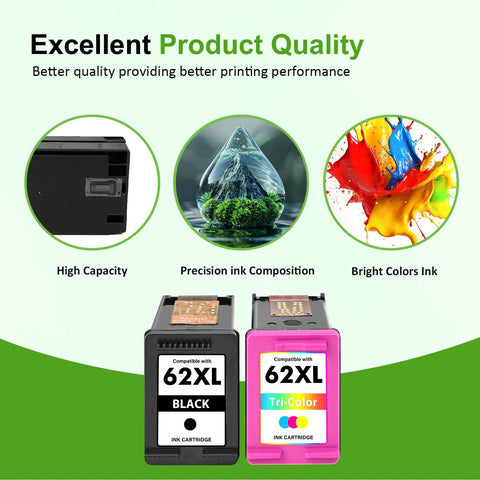 62XL Black and Tri-Color Ink Cartridge Combo Pack for Envy and OfficeJet Printers, Crazy High Yield Up to 750 Black Pages and 450 Color Pages, Compatible with Envy 5660 5740 7645 5540 5746 and OfficeJet 250 200 Series, 2 Pack shown with quality features