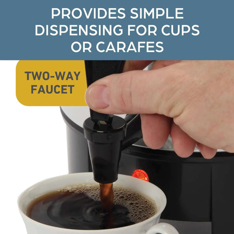 Hand using the two-way faucet of the 42-Cup Coffee Urn With Automatic Temperature Control to pour coffee into a cup.