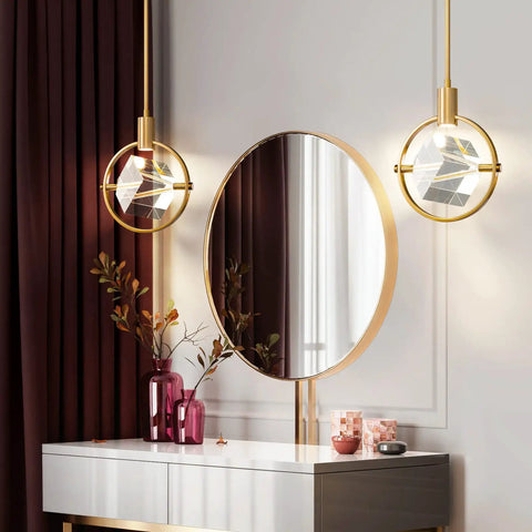 Modern Crystal Pendant Light In Gold Brushed Brass Finish With Mini LED Fixture And K9 Crystal Cube for Interior Decor