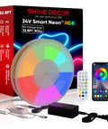 24V RGB Neon Rope Light With Smart App Control And Music Sync 32 Feet LED Strip in packaging with remote and smartphone app display