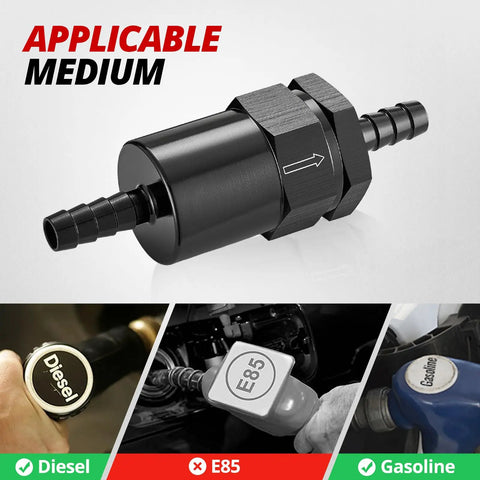 3/8 Inch Billet Inline Fuel Filter, 30 Micron Aluminum Black, Compact 2.07 Inch Housing For Car EFI And Carb Fuel Systems