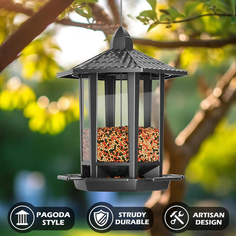 Two Pack Outdoor Hanging Bird Feeders With Retro Pagoda Design, Easy One Minute Assembly, shown with birdseed inside.