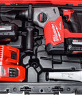 One Inch Sds Plus Brushless Rotary Hammer Cordless Kit Featuring Dual Six Ah Batteries And Fast Charger in case with accessories