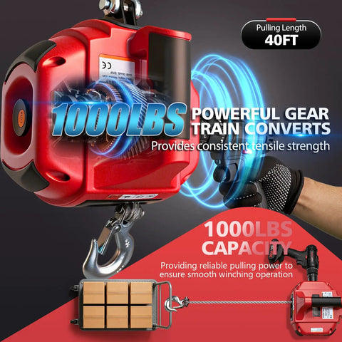 Beefy Drill Powered Portable Winch 1000 Lbs With 40 Foot Alloy Steel Wire Rope For Vehicle Recovery And Trailer Dragging Handheld Drill Winch For Easy Off Road Pulls, 40ft rope