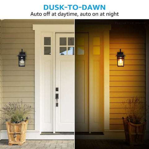 Outdoor Dusk-To-Dawn Wall Light With E26 Base by doorway, half-daylight half-night, showcasing auto on at night feature