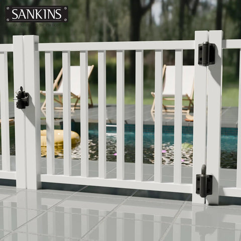 Heavy Duty Self Closing Gate Hinges With Adjustable Spring Tension on a white fence by the pool