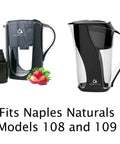 Two Naples Naturals water pitchers with replacement alkaline filter next to strawberries, fits models 108 and 109.