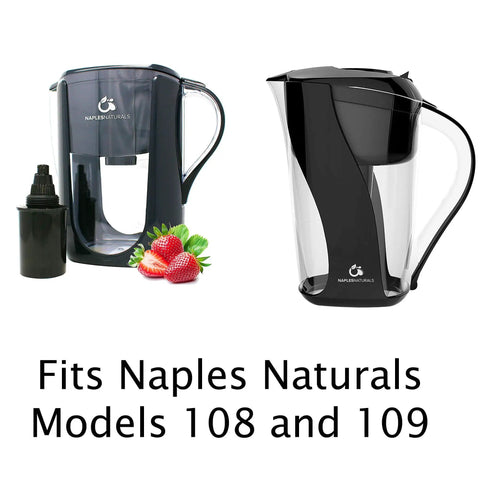 Two Naples Naturals water pitchers with replacement alkaline filter next to strawberries, fits models 108 and 109.