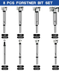 8 Pcs Forstner Bit Set with sizes ranging from 1/4" to 1-3/8", made of alloy steel for woodworking and precise cutting.