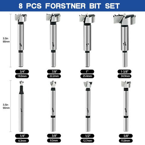 8 Pcs Forstner Bit Set with sizes ranging from 1/4" to 1-3/8", made of alloy steel for woodworking and precise cutting.