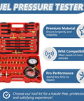 Front view of Amazon fuel pressure tester kit in red case with gauge and brass fittings (0-140 PSI).