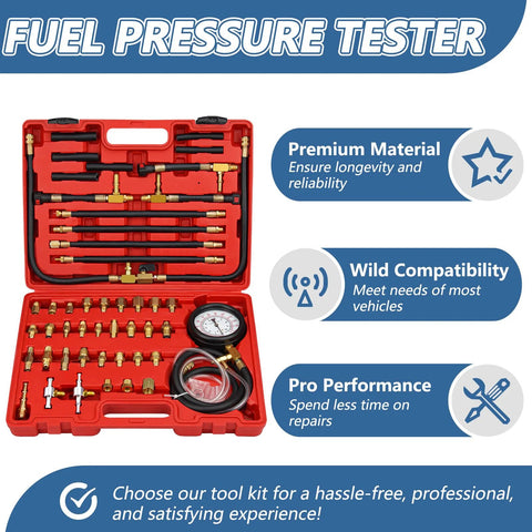 Front view of Amazon fuel pressure tester kit in red case with gauge and brass fittings (0-140 PSI).