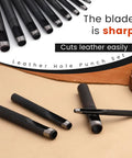 Pro Grade 12 Piece Round Leather Hole Punch Set With Hardened Carbon Steel Cutting Edge, focuses on sharp blades
