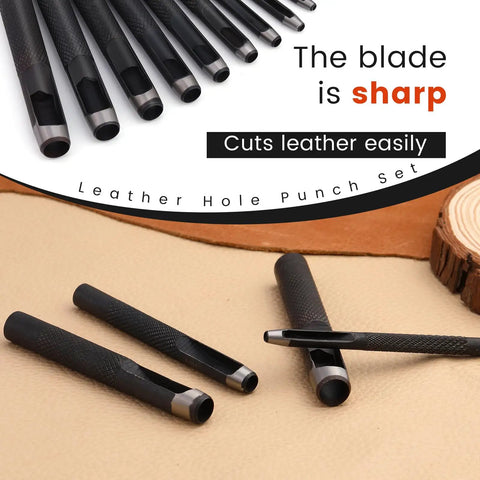 Pro Grade 12 Piece Round Leather Hole Punch Set With Hardened Carbon Steel Cutting Edge, focuses on sharp blades