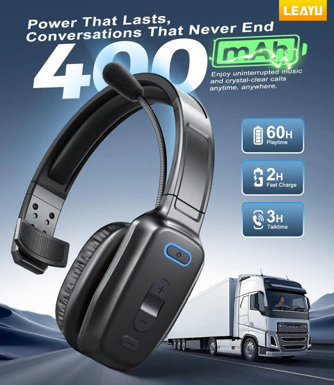 60 Hour AI Noise Canceling Bluetooth Wireless Headset With Mic For Trucks And Office Use, black headset with truck backdrop