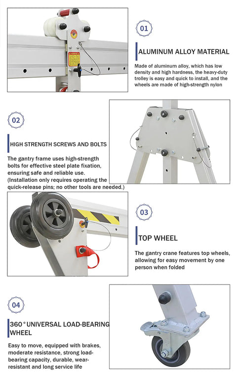 Close-up of Portable Aluminum Shop Gantry Crane, featuring aluminum alloy materials and 360-degree locking wheels.