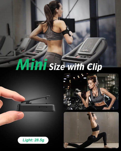 Bluetooth 5.2 MP3 Player With HiFi Sound, Pocket Sized For Gym, Sports Clip shown in gym settings, mini and lightweight design